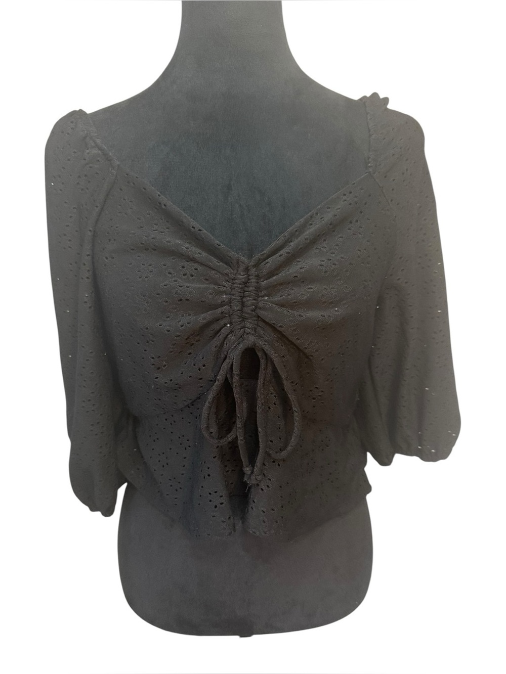 A.B.N. Romantic Black Eyelet Crop Top Women's Small Ruched Tie Front Puff Sleeve